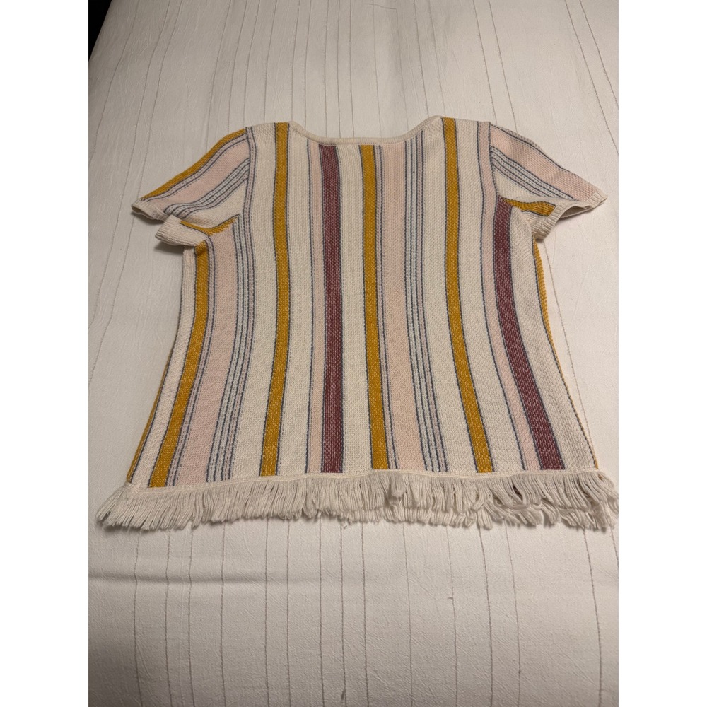 Madewell Striped Fringe Hem Sweater Tee Short Sleeve Cream Mustard Women's XXS - Picture 2 of 5